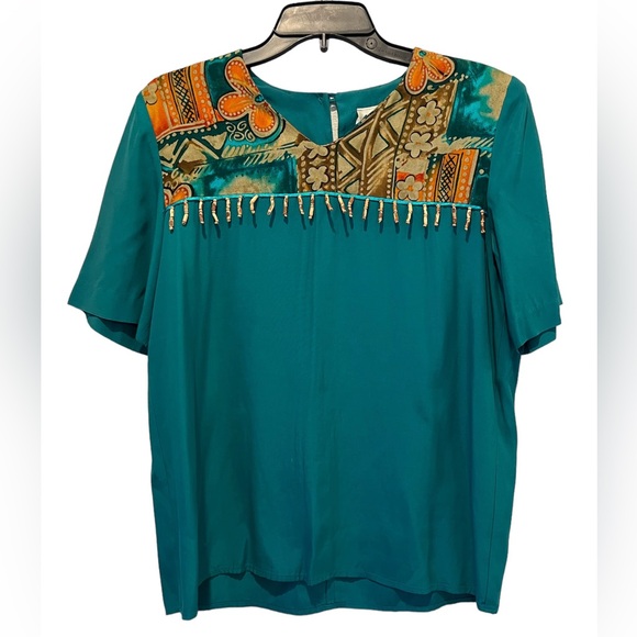 Vintage 80s 2 Piece Set Top Pants Teal Hawaiian Print Trim High Waisted Pleated - Picture 2 of 15